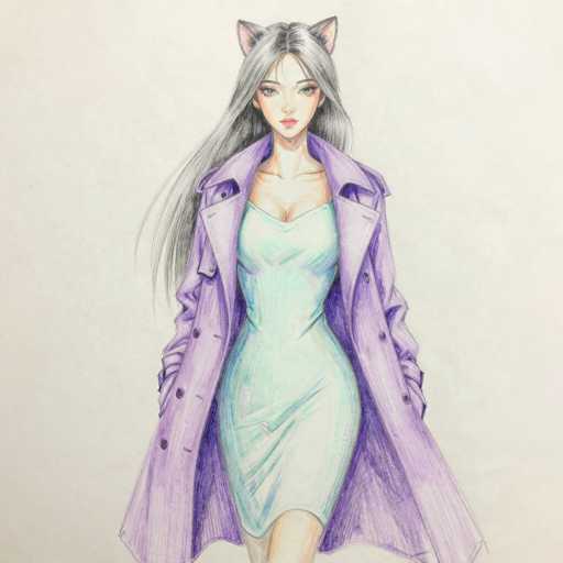 This image features a detailed drawing of a young woman, likely in her late teens or early twenties, with long, straight black hair that cascades down to her waist. She has a fair complexion and striking blue eyes, complemented by a small nose and pink lips. Her attire includes a light green dress that falls just above her knees, with a deep neckline that reveals some cleavage. Over the dress, she wears a long, purple trench coat adorned with buttons, which extends down to her knees. The woman is depicted walking towards the viewer, with her hands resting on her hips. Adding a whimsical touch to her appearance, she sports cat ears on top of her head. The background of the image is a simple, light gray, ensuring that the focus remains entirely on the intricately drawn figure.