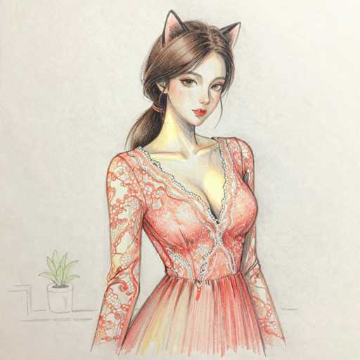 The image depicts a detailed drawing of a young woman, likely in her late teens or early twenties, with long brown hair tied back in a ponytail. She has a fair complexion and is adorned with cat ears, pink on the inside, adding a whimsical touch to her appearance. Her attire is a striking red dress with intricate white lace detailing, featuring a deep V-neckline that reveals some cleavage. The dress is form-fitting, accentuating her figure, and has long sleeves with a floral pattern. She is wearing red lipstick, and her expression is neutral as she gazes directly at the viewer. The background is a light gray, and to her left, there is a small white pot containing a green plant, possibly a succulent. The overall composition is centered, with the woman as the focal point, and the drawing style suggests it could be a colored pencil or watercolor piece.