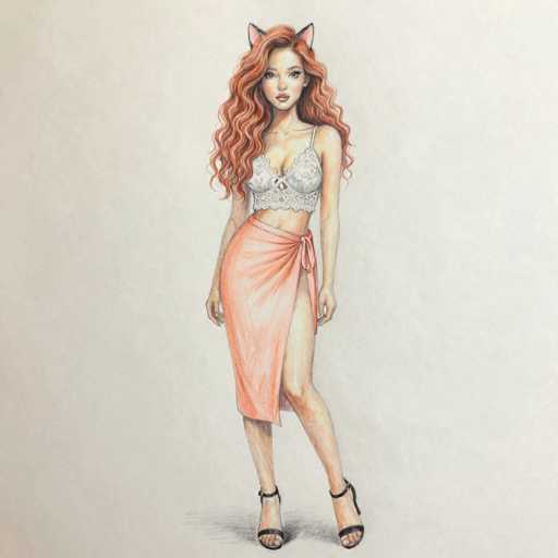 This detailed illustration depicts a young woman with long, wavy red hair cascading down to her chest. She is adorned with pink cat ears that have black outlines and pink interiors, adding a whimsical touch to her appearance. Her attire consists of a white lace bralette with a single strap over her left shoulder, and a peach-colored skirt tied at her waist, revealing her midriff and left leg. She completes her look with black high-heeled shoes featuring ankle straps. The woman stands against a light gray background, her arms resting at her sides, and her expression is neutral, gazing directly at the viewer. The overall style of the image is a colored pencil drawing, capturing intricate details and textures.