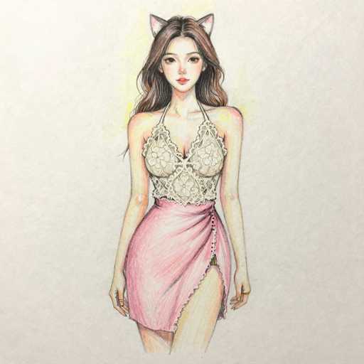 This image features a detailed drawing of a young woman, likely of Asian descent, with long, dark brown hair cascading down her back. She is depicted wearing a white, lacy top with a deep V-neck and thin straps that go over her shoulders. The top has a floral pattern and a crisscross design at the bust. Her outfit includes a pink skirt that is short and has a slit on the right side, revealing her leg. The skirt is adorned with a black beaded design along the hem. She has a light complexion and is accessorized with a gold ring on her left hand. Additionally, she wears cat ears on her head, which are pink on the inside and white on the outside. The background of the image is a light gray, and the drawing is cut off just below her knees.