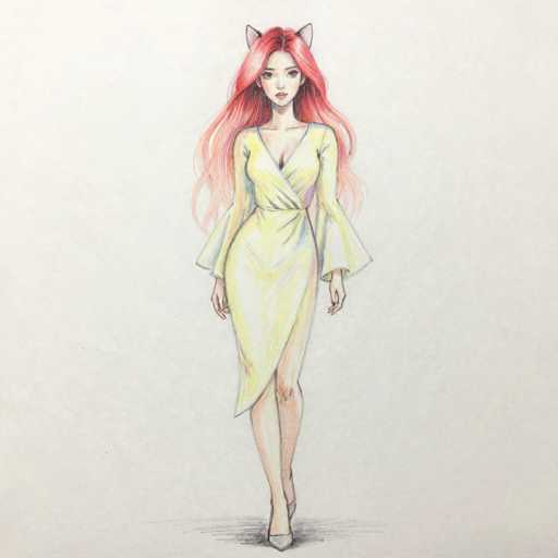 This image features a detailed drawing of a woman with long, flowing red hair that cascades down to her waist. She is depicted wearing a yellow dress with a V-neckline and long sleeves that flare out at the wrists. The dress has a slit on the left side, revealing her leg, and she is wearing high heels. Her facial features include large eyes, a small nose, and a small mouth, and she has cat ears protruding from the top of her head. The background is a light gray, and the woman is standing on a small black shadow. The overall style of the drawing is reminiscent of anime, with vibrant colors and intricate details.