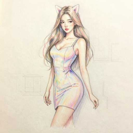 A digital drawing of a young woman wearing a colorful, fitted dress with cat ears on her head. The style is reminiscent of anime or manga art, with soft shading and detailed hair. She has long, flowing blonde-brown hair and large, expressive eyes. The background is a simple, light beige with faint sketches of buildings in the distance.