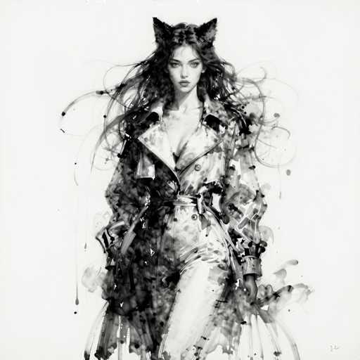 This black and white illustration features a striking woman with long, dark hair cascading down her back. She is adorned with cat-like ears, adding a whimsical touch to her appearance. Her attire consists of a sleek, low-cut jacket that is open at the front, revealing a matching skirt. The jacket is cinched at the waist with a belt, accentuating her figure. The background is a stark white, which contrasts sharply with the intricate black ink splatters that embellish the image, creating a dynamic and artistic effect.