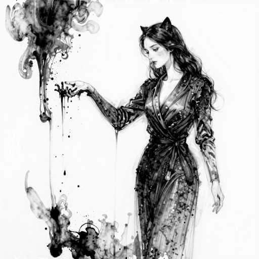 This black and white illustration features a woman with long, dark hair cascading down her back. She is adorned in a long-sleeved dress that cinches at the waist with a sash, and the skirt flows elegantly to the ground. The woman's head is tilted downward, her gaze directed towards her outstretched right hand. Her fingers are splayed, and from her palm, a dark liquid—resembling ink or paint—spills and drips, forming intricate patterns that extend upwards and downwards, creating a striking visual effect. The liquid appears to form abstract shapes, almost like clouds or smoke, adding a mysterious and ethereal quality to the image. The woman's left arm hangs naturally by her side, contrasting with the dynamic flow of the liquid from her right hand. The overall composition is both delicate and intense, capturing a moment of serene yet powerful expression.