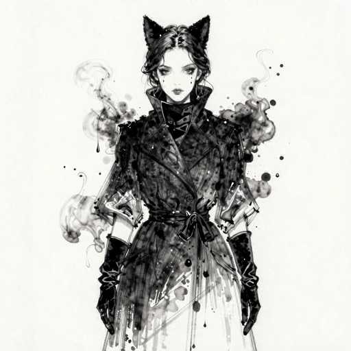 This black and white illustration features a woman with a striking, gothic appearance. She stands facing the viewer, her dark hair styled in a bun with bangs framing her face. Her eyes are accentuated with heavy makeup, and her lips are painted a deep shade of lipstick. She wears a high-collared, long black coat that extends down to her knees, cinched at the waist with a black belt. The coat's sleeves are rolled up to her elbows, revealing long black gloves that reach up to her biceps. Her expression is serious, with a hint of sadness as she gazes directly at the viewer. Surrounding her are wisps of smoke and scattered black dots, adding to the mysterious and somber atmosphere of the image.