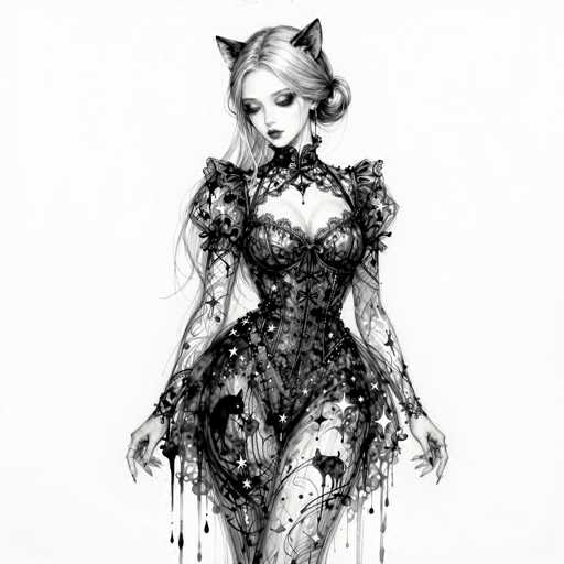 This black and white illustration features a young woman with long, flowing blonde hair styled in a bun. She is adorned with cat ears, adding a whimsical touch to her appearance. Her makeup is striking, with dark eyeshadow and bold lipstick, enhancing her expressive features. She is dressed in a gothic Lolita-style outfit, characterized by its intricate lace details, puffy sleeves, and a corset-like bodice. The dress is form-fitting, accentuating her figure, and extends into a full skirt. The fabric is embellished with various gothic elements, including stars, cats, and dripping blood, creating a dark and ethereal aesthetic. The woman's hands are positioned at her sides, and she gazes downward, adding a sense of mystery and introspection to the image.