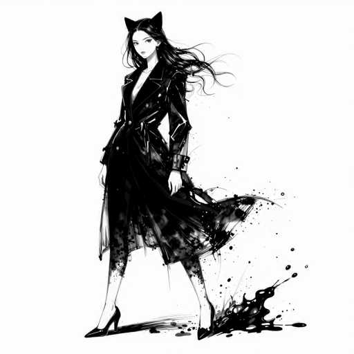 This black and white illustration features a young woman with long, flowing black hair, adorned with cat ears. She is dressed in a striking black leather trench coat, which is open at the front, revealing a low-cut blouse underneath. The coat is detailed with a belt around the waist and buttons running down the front. She pairs the coat with black lace stockings and black high heels. The woman stands with her hands at her sides, gazing directly at the viewer. The background is stark white, emphasizing the dramatic black elements of her attire. Notably, the bottom right corner of the image is marked by a large black paint splatter, with smaller splatters extending from it, adding a dynamic and artistic touch to the composition.
