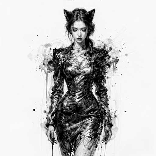 A digital painting in black and white depicts a woman dressed in a futuristic, form-fitting dress with prominent shoulder details. The dress appears to be made of a glossy material, possibly leather or a similar synthetic, and has a textured surface with swirling patterns. The woman's hair is styled in a low ponytail, and she has large, stylized cat ears on her head. Her expression is serene, with her eyes looking down. 

The overall style of the artwork is reminiscent of a digital illustration, with soft gradients and subtle highlights that give the dress a sense of depth. The background is plain white, allowing the focus to remain on the woman and her attire. There are abstract splashes of black paint around the figure, adding a dynamic and artistic touch to the composition. The lighting is soft and diffused, creating a dreamy atmosphere.