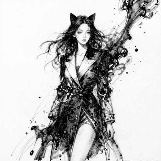 This black and white illustration features a young woman with long, flowing black hair that appears to be blowing in the wind. She is wearing a distinctive black coat with a large collar, which is tied at the waist with a sash. The coat has a high collar and a V-neck, revealing a black bra underneath. The coat is open at the front, showing her bare legs. She has cat-like ears protruding from the top of her head, adding a whimsical touch to her appearance. The woman's face is adorned with heavy eye makeup, and she gazes directly at the viewer. The background is a light gray, and there are black paint splatters and swirls on the right side of the image, adding a dynamic and artistic element to the composition.