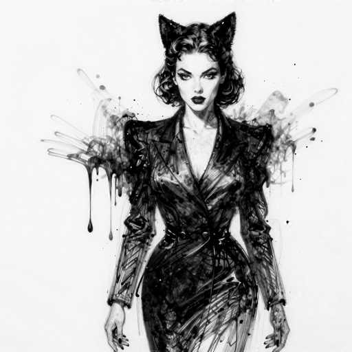This black and white illustration features a striking woman with a dramatic, cat-like appearance. She is adorned in a sleek, black leather dress that accentuates her figure, complete with a belt cinched at her waist. Her dress has long sleeves that extend to her wrists, where she wears black rings on both hands. The woman's hair is styled in a short, curly bob that frames her face, and she sports bold, dark lipstick that adds to her fierce look. Perched atop her head are black cat ears, enhancing her feline allure. Her eyes are heavily lined with dark eyeliner, and her eyebrows are meticulously groomed, further emphasizing her intense gaze. The background is a stark white, punctuated by splashes of black paint that create a dynamic, almost chaotic effect, with drips and splotches adding to the overall dramatic atmosphere of the image.