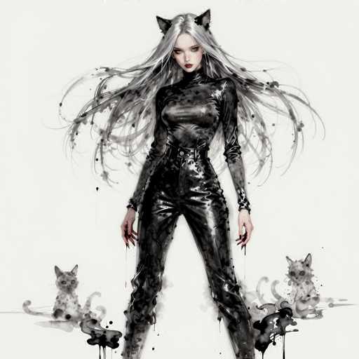 A strikingly stylish woman commands attention in a monochromatic, high-fashion portrait. She's clad in sleek black leather, featuring a turtleneck and high-waisted culottes. Her long, flowing hair mimics a waterfall, adorned with cat-ear-like tufts. The overall style is dramatic and artistic, emphasizing a cool, edgy aesthetic with dynamic brushstrokes.