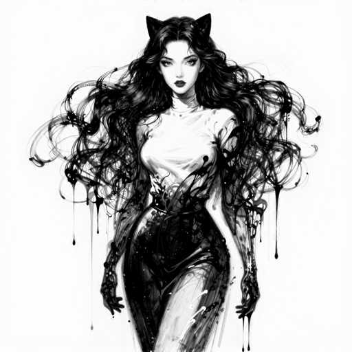 A striking, black-and-white illustration depicts a femme fatale figure with prominent cat ears and voluminous, flowing hair. She's clad in an elegant, form-fitting dress, possibly a high-necked blouse or a sleek jumpsuit. The artwork utilizes a dynamic, ink-wash style, with fluid lines and drips adding to the sense of movement. Her gaze is intense, her expression enigmatic, conveying a mysterious and introspective aura. The overall aesthetic leans towards surrealism, with the dark, dramatic tones enhancing her otherworldly presence.