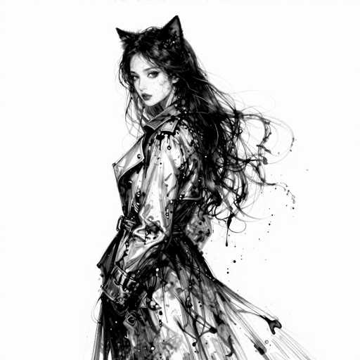 A digital painting in black and white depicts a woman with long, flowing hair styled to resemble a cat's mane. She wears a shiny, futuristic-looking coat with a belt and appears to be holding something in her hands. Her expression is intense, looking over her shoulder with a slightly serious or mysterious gaze. The overall style is reminiscent of manga or anime art, with dynamic lines and a focus on texture and light. The background is plain white, emphasizing the figure's presence.