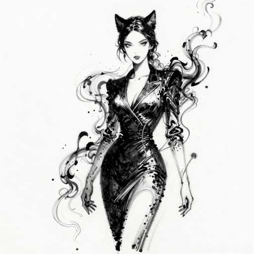 This black and white illustration features a striking female character with cat-like ears, giving her a feline appearance. She is adorned in a sleek, form-fitting dress that accentuates her curves, with a deep V-neckline that plunges down to her belly button. The dress is designed with asymmetrical sleeves; the right sleeve is long and extends to her wrist, while the left sleeve is short, ending just above her elbow. Her long, dark hair cascades down her back, adding to her mysterious allure. The character's expression is serious, with her gaze directed straight at the viewer, exuding a sense of confidence and intensity. The background is minimalistic, with swirling patterns that add a dynamic, almost ethereal quality to the image. The overall composition is simple yet captivating, focusing attention on the detailed and enigmatic figure.