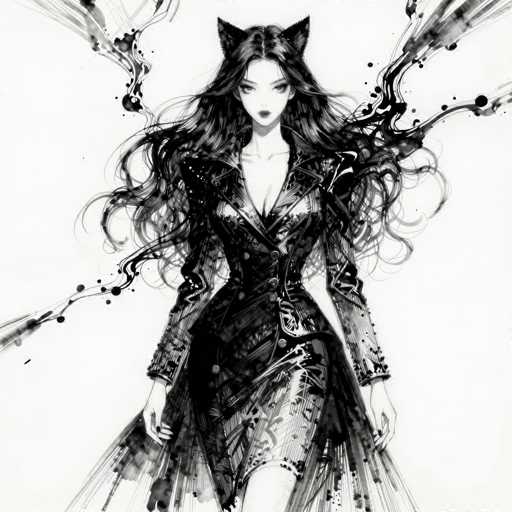 This black and white illustration features a striking female character with long, flowing black hair that appears to be caught in a gentle breeze. Her hair is adorned with two cat-like ears, adding a whimsical touch to her appearance. She is dressed in a sleek, black dress that accentuates her figure, with a low neckline that reveals a hint of cleavage. The dress is buttoned up the front and flares out slightly at the bottom, creating a dynamic silhouette. The character's dark lipstick and intense gaze contribute to her captivating presence. Surrounding her are intricate black swirls that resemble paint splatters, adding an artistic and somewhat chaotic element to the composition. The overall effect is a mesmerizing blend of elegance and surrealism.