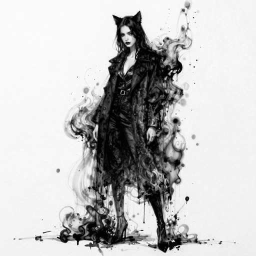 This black and white illustration features a gothic, witch-like woman with long, dark hair and cat ears. She is dressed in a long, black trench coat that extends to her knees, paired with a low-cut black shirt, black pants, and high-heeled boots. Her face is adorned with dark lipstick, and she has a serious, almost angry expression. The background is a light gray, and the image is filled with intricate black swirls and smoke that emanate from her body, creating a dynamic and eerie atmosphere. The smoke swirls around her, rising to the top of the image, and there are black dots scattered throughout the scene, adding to the overall dark and mysterious vibe.