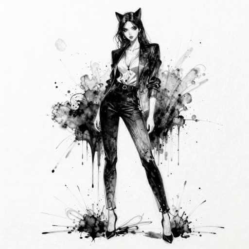 This black and white illustration features a young woman with long, dark hair and cat ears, giving her a distinct feline appearance. She is dressed in a stylish black leather jacket with the sleeves rolled up to her elbows, a white shirt underneath, black pants, and black high heels. Her outfit is accessorized with a black belt and hoop earrings. The woman stands confidently with her legs slightly apart, her hands resting by her sides. Behind her, there is a dramatic ink splatter effect, with black ink radiating outward in various directions, creating a dynamic and artistic backdrop. The overall composition is set against a white background, emphasizing the contrast and details of the illustration.