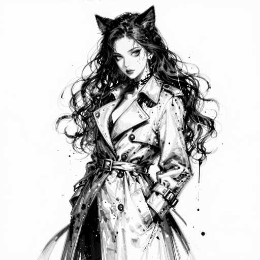 This black and white illustration features a young woman with long, wavy hair cascading down to her waist. She is adorned with cat ears, adding a whimsical touch to her appearance. Her attire includes a long trench coat, cinched at the waist with a belt, and she has her hands tucked into the pockets of the coat. The woman's expression is neutral, with her gaze directed straight ahead. The background is stark white, emphasizing the intricate details of her outfit and features. The image is devoid of any text, allowing the viewer to fully appreciate the artistic elements of the drawing.