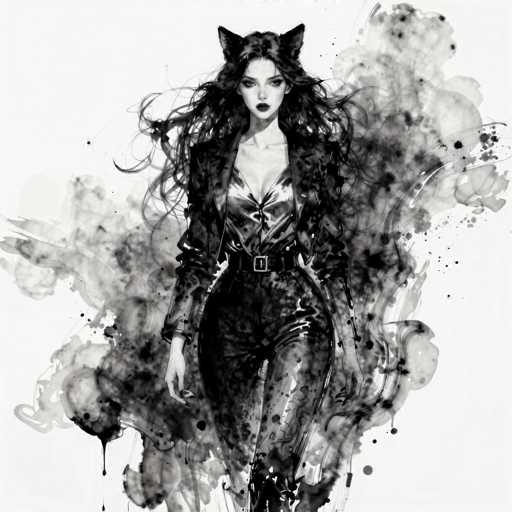 This black and white illustration features a striking female character with long, flowing black hair and cat-like ears, giving her a feline appearance. She is dressed in a sleek, form-fitting leather outfit that accentuates her curves. The ensemble includes a low-cut shirt, a black leather jacket, and matching leather pants, all cinched at the waist with a black belt. Her dark lipstick and heavy eye makeup add to her dramatic look. The background is a chaotic blend of black and gray watercolor splotches, creating a smoky, ethereal effect that contrasts with the sharp details of her figure. The overall composition is both mysterious and captivating, with the intricate interplay of light and shadow enhancing the character's enigmatic presence.
