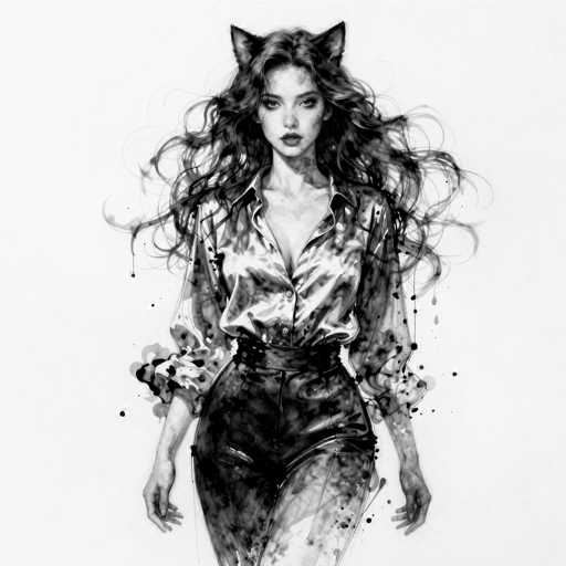 This black and white illustration features a young woman with long, wavy hair cascading down to her waist. She is adorned with cat ears, adding a whimsical touch to her appearance. Her attire includes a shiny, long-sleeved shirt with the sleeves rolled up to her elbows, and a pair of tight leather pants. The woman's expression is serious, with her gaze directed straight at the viewer. Her lips are painted with lipstick, and her eyes are accentuated with eye shadow. The background is stark white, emphasizing the intricate details of her outfit and features. The image is devoid of any text, focusing solely on the detailed portrayal of the woman.
