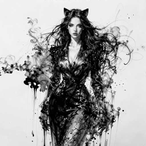 This black and white illustration features a striking woman with long, flowing hair that appears to be caught in a gentle breeze. Her hair is adorned with two cat-like ears, adding a whimsical touch to her appearance. She is dressed in a sleek, black dress that accentuates her figure, with a daring slit on the side that reveals her leg. The dress is form-fitting, hugging her torso and arms, and is detailed with a high collar that extends up to her neck. Intriguingly, the dress is embellished with what seems to be black ink or paint, which drips and splatters around her, creating a dynamic and somewhat chaotic effect. The woman's face is partially obscured by this ink, with streaks running down from her eyes, giving her an air of mystery and intensity. The overall composition is both elegant and edgy, blending elements of fashion and artistic expression.