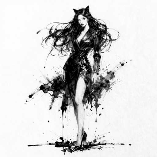 This black and white illustration features a striking woman with long, flowing black hair that appears to be caught in the wind. She is adorned in a sleek, black leather dress that accentuates her figure, with a high slit on the left side revealing her leg. The dress is form-fitting, particularly around the chest and waist, where it is cinched with a belt. The dress extends to her knees, with the fabric appearing to drip and splatter around her feet, creating a dramatic effect. Her accessories include black high heels and cat ears perched atop her head, adding a whimsical touch to her otherwise sophisticated look. The woman's face is turned towards the viewer, her expression enigmatic and captivating.