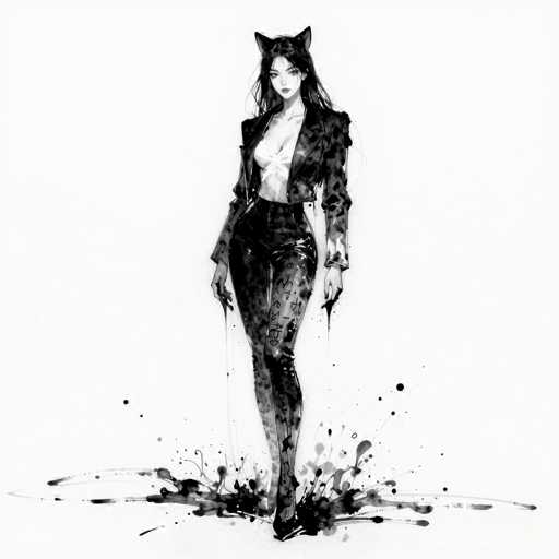 The image is a detailed black and white drawing of a woman, possibly a superhero or a character from a video game, set against a white background. She has long, dark hair and is wearing cat ears, adding a whimsical touch to her appearance. Her outfit consists of a black leather jacket with long sleeves, which is open to reveal a white bra underneath. She pairs this with tight black leather pants that feature various symbols and markings, including what appears to be Chinese or Japanese characters. Her hands are positioned at her sides, with black paint dripping from her fingers, suggesting a recent act of painting or breaking something. The woman is standing on a black paint splatter, which extends outward in a circular pattern, creating a dynamic and chaotic effect. The overall composition is striking, with the intricate details of her attire and the dramatic paint splatters drawing the viewer's attention.