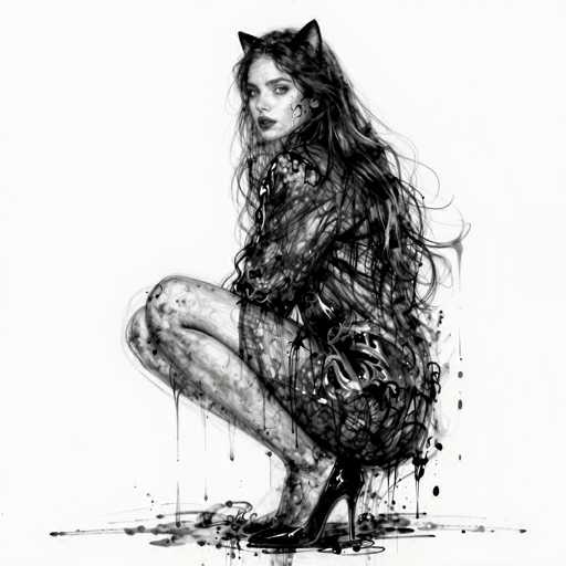 This black and white illustration features a young woman, likely in her late teens or early twenties, with long, dark hair cascading down her back. She is depicted in a crouched position, with her knees drawn up to her chest, and her feet adorned in high heels. The woman's face is turned towards the viewer, her expression serious and contemplative. She wears a dark, long-sleeved top that appears to be dripping with paint, adding a surreal element to the image. Her hair is adorned with a headband that has cat ears, enhancing her enigmatic appearance. The overall composition is rich in detail, with the dripping paint and the woman's poised stance creating a striking contrast against the stark white background.