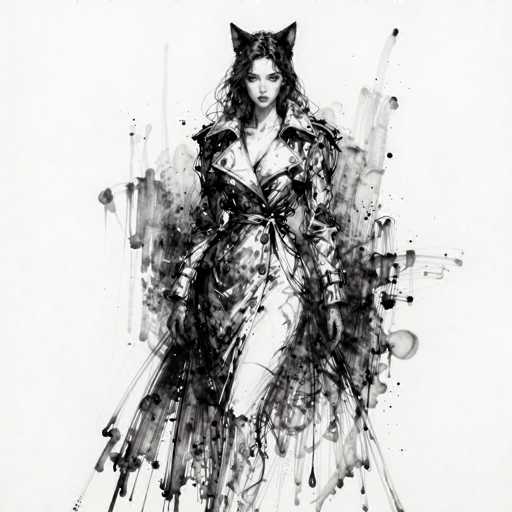 This black and white illustration features a young woman with long, dark hair and cat ears, giving her a feline appearance. She is dressed in a striking outfit that includes a large, collared coat with a belt tied at the waist, and long sleeves adorned with buckles. The coat is open at the chest, revealing a white garment underneath, possibly a dress or pants. Her expression is serious, and she gazes directly at the viewer. The background is a chaotic mix of black and white paint splatters and drips, creating a dynamic and somewhat abstract setting that contrasts with the detailed rendering of the woman. The overall composition is reminiscent of a comic book or graphic novel style, with a focus on the character's enigmatic and somewhat mysterious aura.