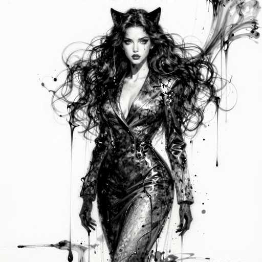 This black and white illustration features a striking woman with long, flowing hair that appears to be caught in a gust of wind, creating a dynamic and ethereal effect. Her hair is adorned with cat ears, adding a whimsical touch to her appearance. She is dressed in a sleek, black leather dress that accentuates her figure, with long sleeves and a deep V-neckline that plunges down to her upper thigh, revealing a hint of cleavage. The dress is form-fitting, hugging her curves and extending all the way to her feet. Her expression is intense, with dark eyes that seem to be filled with tears, and her lips are painted a bold red. The background is stark white, which contrasts sharply with the dark elements of the image, making her stand out prominently. The illustration is rich in detail, with black ink splatters and drips adding texture and depth to the scene. The woman's face is framed by her cascading hair, which appears to be flowing behind her, enhancing the sense of movement and grace in the image.