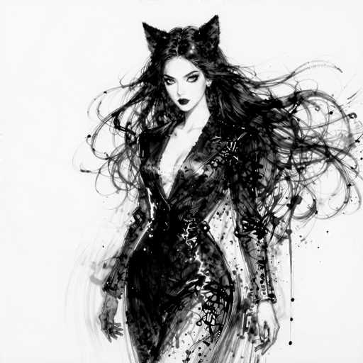 This black and white illustration features a striking female character with an air of mystery and allure. She is adorned in a sleek, form-fitting dress that accentuates her curves, particularly her pronounced bust and slender waist. The dress, which extends to her knees, is designed with a deep V-neckline that plunges down to her belly button, adding a touch of sensuality to her ensemble. Her long, flowing hair cascades down her back, with strands seemingly caught in a gentle breeze, enhancing the dynamic feel of the image. Atop her head, she wears a pair of cat-like ears, adding an element of feline allure to her appearance. Her lips are painted a deep black, contrasting sharply with her pale skin, and her eyes are equally dark, giving her an intense, enigmatic gaze. The overall composition of the illustration exudes a sense of elegance and intrigue, making the character appear both captivating and slightly otherworldly.