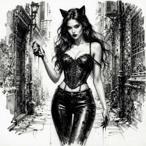 A detailed, black and white digital illustration of a woman dressed as a cat, standing in a dimly lit, gothic alleyway. She is wearing a black corset-style top with lace details and shiny leather pants, adorned with cat ears. She holds a black cat-shaped object in her left hand and has long, flowing hair with dark eyes. The background features a narrow alleyway with textured walls, cobblestone ground, and ornate street lamps, creating a mysterious and slightly dark atmosphere. The overall style is reminiscent of a digital sketch with bold lines and shading, emphasizing the woman's pose and the dramatic setting.