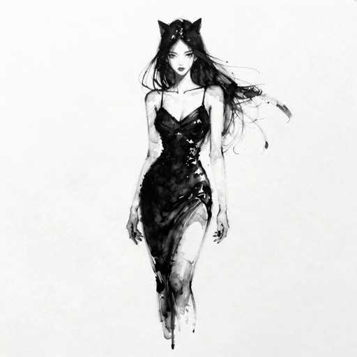 This black and white illustration features a young Asian woman with long, flowing black hair that appears to be caught in the wind, giving it a dynamic and slightly messy look. She is wearing a black dress with thin straps and a high slit that reveals her left leg. The dress has a shiny, sequined texture that adds a touch of elegance to the otherwise monochromatic image. Her facial features include dark, expressive eyes, a small nose, and full lips adorned with lipstick. She also wears cat-like ears on top of her head, adding a whimsical touch to her appearance. The woman stands with her arms hanging straight down by her sides, and the illustration cuts off just below her knees, leaving her feet unseen. The background is a light gray, which contrasts with the darker tones of her hair and dress, enhancing the overall dramatic effect of the image.
