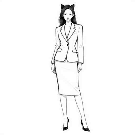 The image features a detailed black and white sketch of a young woman, likely in her 20s, dressed in a professional business suit. She stands confidently with her left leg slightly forward and her arms resting at her sides. Her attire includes a light-colored, double-breasted blazer with two buttons, two front pockets, and a lapel, paired with a knee-length pencil skirt. She completes her outfit with black high heels. The woman has long, dark hair that cascades down to her waist, and she wears a pair of cat ears, adding a whimsical touch to her otherwise formal appearance. Her facial features are distinct, with dark eyes, eyebrows, and lips, and she gazes directly at the viewer. The background is entirely white, emphasizing the contrast and details of her attire and expression.