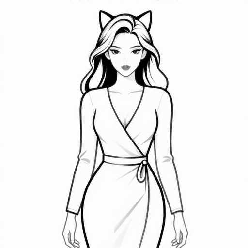 This black and white illustration features a young woman with long, wavy hair that cascades down to her shoulders. She has distinct cat ears protruding from the top of her head, adding a whimsical touch to her appearance. Her facial features are delicately rendered, with a small nose, thin lips adorned with lipstick, and almond-shaped eyes that gaze directly at the viewer. She is dressed in a long-sleeved, V-neck dress that cinches at the waist with a belt, emphasizing her slender figure. The dress extends to her knees, and her arms hang naturally by her sides. The image is set against a stark white background, with the woman's figure outlined in black, creating a striking contrast. The illustration is cropped just below her knees, leaving the lower part of her legs out of view.