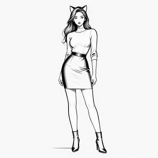 This black and white illustration features a young woman with long, wavy hair cascading down to her chest. She is dressed in a form-fitting, long-sleeved top that extends to her wrists, paired with a short skirt that falls just above her knees. A black belt cinches her waist, accentuating her figure. Her legs are bare, and she is wearing high-heeled boots that reach up to her ankles. The woman's face is adorned with lipstick, and she has a slight smile. Notably, she has cat ears protruding from the top of her head, adding a whimsical touch to her appearance. The background is a light gray, and a subtle shadow is cast behind her, enhancing the depth of the image.