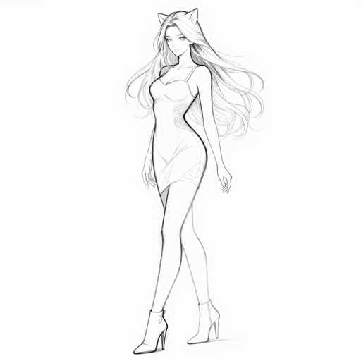 This black and white sketch depicts a young woman with long, flowing hair that cascades down to her waist. She is dressed in a form-fitting, sleeveless dress that accentuates her curvy figure, ending just above her knees. The dress features a high slit on the left side, revealing her leg. She is wearing high-heeled boots that extend up to her ankles. The woman's head is adorned with cat ears, adding a whimsical touch to her appearance. Her facial features include large eyes, a small nose, and a tiny mouth. She is standing with her left leg slightly forward, and her arms rest naturally by her sides. The background is plain white, emphasizing the detailed pencil or pen drawing.