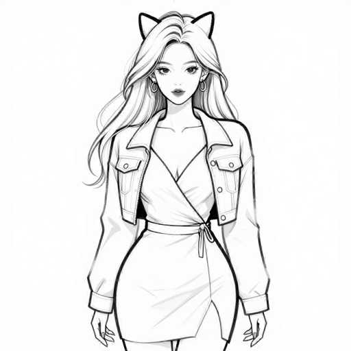 A detailed, black and white sketch of a young woman in a stylish outfit. She has long, flowing blonde hair with cat-ear shaped earrings and is wearing a white wrap dress over a black top, paired with a light denim jacket. Her expression is serene and her pose is confident. The sketch focuses on the elegant details of her clothing and features, with a clean, illustrative style.