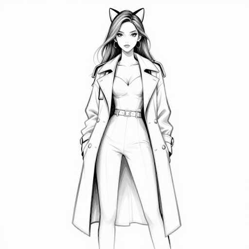 This black and white illustration features a young woman with long, wavy hair cascading past her shoulders. She is adorned with hoop earrings and has cat ears protruding from the top of her head, adding a whimsical touch to her appearance. Her attire consists of a form-fitting, low-cut top that reveals a significant amount of cleavage, paired with high-waisted pants that accentuate her figure. A belt cinches her waist, and she completes her look with a long trench coat that extends down to her knees. The coat is open, showcasing her outfit beneath. Her hands are casually tucked into the pockets of her coat, and she gazes directly at the viewer with a composed expression. The illustration is rendered entirely in shades of black, white, and gray, emphasizing the contrast and details of her attire and features.