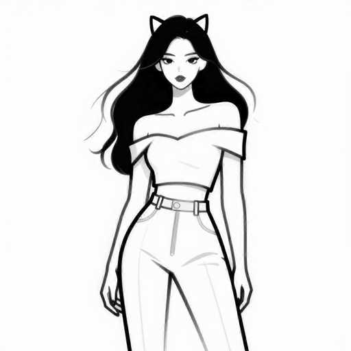 A stylish, black and white vector illustration depicts a poised woman with long, flowing hair adorned with cat ears. She wears an off-the-shoulder top and high-waisted pants, creating a modern, fashionable aesthetic. The clean lines and bold shading emphasize her elegant posture and confident presence.