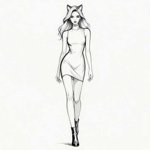 This image features a detailed, black-and-white sketch of a young woman, likely in her late teens or early twenties. She has long, wavy hair cascading down to her shoulders and is adorned with cat ears on top of her head. Her facial features include full lips, a small nose, and dark eyes, with a slight smile on her face. She is dressed in a form-fitting, sleeveless dress that falls just above her knees, accentuating her curvy figure. The dress has a high neckline and a slit on the left side. Her arms hang naturally by her sides, and she is wearing black boots that reach up to her ankles. The background is a light gray, and the sketch is devoid of any text or additional elements, focusing solely on the woman.
