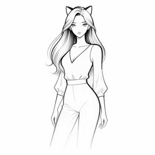 This black and white illustration features a young woman with long, wavy hair cascading down to her waist. She is depicted wearing a sleeveless top with a V-neck and a belt cinching her waist, paired with pants. Her hands rest at her sides, and she gazes directly at the viewer with a neutral expression. Notably, she has cat ears protruding from the top of her head, adding a whimsical touch to the otherwise realistic portrayal. The image is devoid of any text, focusing solely on the detailed and lifelike rendering of the woman.