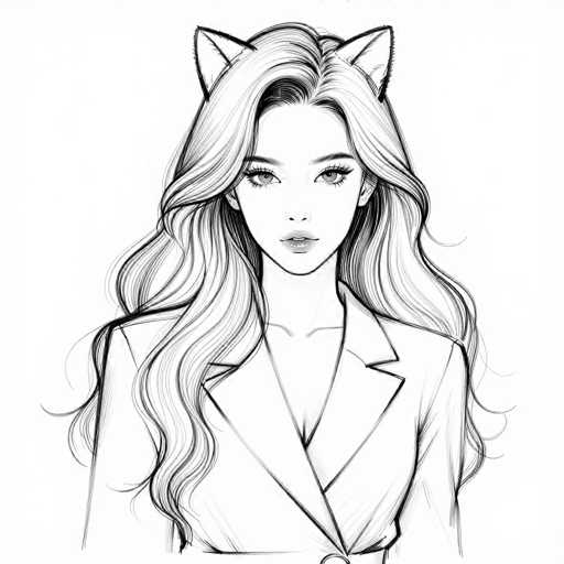 This black and white pencil drawing depicts a young woman with long, wavy hair cascading past her shoulders. She is dressed in a collared jacket that appears to be fastened with a button at the bottom, though the image cuts off before showing the entire garment. The woman has a neutral expression, with her mouth slightly open, revealing her top teeth. Her eyes are accentuated with long eyelashes, and she has a small nose. Notably, she has cat ears protruding from the top of her head, adding a whimsical touch to the otherwise realistic portrayal. The drawing is set against a plain white background, emphasizing the intricate details of her features and attire.