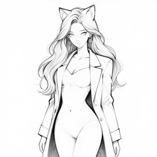 This black and white illustration features a young woman with long, wavy hair cascading down to her waist. She is depicted wearing a one-piece bodysuit that resembles a bikini, complete with a visible belly button. Over this, she dons a long, open coat that extends down to her thighs, revealing the bodysuit underneath. Her hands rest at her sides, and she is adorned with large hoop earrings. The woman's face is characterized by a pointy chin, and she has cat-like ears protruding from the top of her head, adding a whimsical touch to her appearance. The background is stark white, emphasizing the detailed linework and shading of the figure.