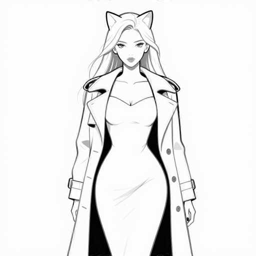 This black and white illustration features a striking anime-style woman with long, flowing hair that cascades down her back. She has a slender figure accentuated by a form-fitting dress that highlights her curves, particularly her pronounced bust and narrow waist. Over her dress, she wears a long trench coat that extends to her knees, adorned with three buttons on each side and a belt at the waist. The coat's interior is a contrasting black, adding depth to the monochromatic palette. Her facial features include large eyes, a small nose, and full lips, and she sports cat-like ears atop her head, enhancing her feline-inspired appearance. The woman's hands rest at her sides, and the overall composition is set against a plain white background, emphasizing the intricate details of her attire and form.