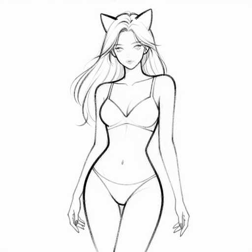 This black and white sketch features a young woman with long, flowing hair that cascades down to her waist. She is depicted wearing a bikini, with the lines of the sketch meticulously following the contours of her body. Her arms hang naturally by her sides, and her hands are positioned with the fingers pointing downward. The woman's face is adorned with a subtle, almost neutral expression, and she has strikingly large eyes. Notably, she sports cat ears, adding a whimsical touch to the otherwise realistic portrayal. The artist has skillfully captured the essence of her figure, emphasizing her slender waist and curvaceous hips. The sketch is devoid of any background elements, focusing solely on the woman and her detailed features.