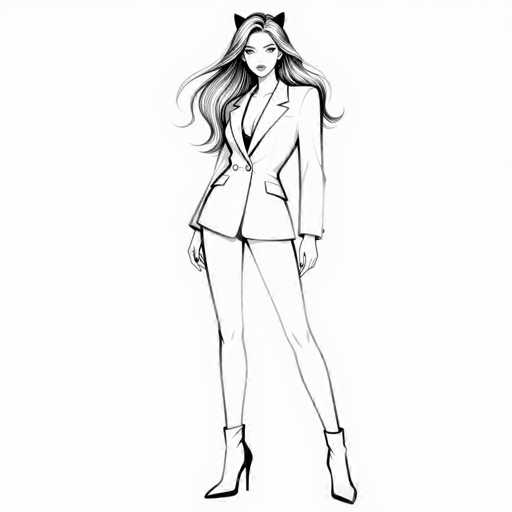 This black and white illustration features a young woman with long, wavy hair cascading past her shoulders. She is dressed in a tailored, double-breasted blazer with two buttons, which is slightly open to reveal a black camisole underneath. Her outfit is completed with matching white pants and high-heeled boots that extend just above her ankles. The woman stands confidently with her legs slightly apart, her hands resting at her sides. She has a serious expression, with her lips pursed and her gaze directed straight at the viewer. Adding a whimsical touch, she wears black cat ears on her head. The entire image is rendered in shades of black, white, and gray, emphasizing the contrast and details of her attire and features.