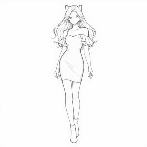 The image is a detailed black and white sketch of a young woman, likely in her late teens or early twenties, drawn in an anime style. She has long, wavy hair that cascades down to her waist, with a few strands falling over her shoulders. Her hair is parted in the middle, and she has cat-like ears protruding from the top of her head. She is wearing a short, off-the-shoulder dress that falls just above her knees, with ruffled sleeves that extend to her elbows. The dress features a single thin strap on her right shoulder. Her arms are relaxed at her sides, and she is wearing ankle boots. The woman has large, expressive eyes and a small mouth, and she is looking directly at the viewer. The background is plain white, emphasizing the detailed linework of the sketch.