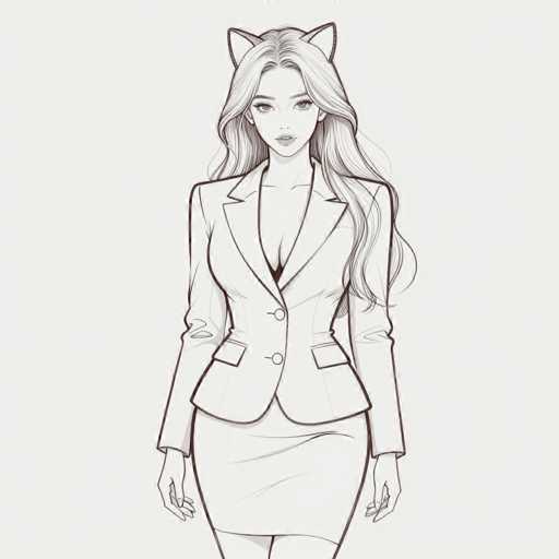 This black and white illustration features a woman with long, wavy hair cascading down her back. She is dressed in a tailored suit jacket adorned with two buttons and two pockets, paired with a short skirt that falls just above her knees. Her hands rest naturally at her sides. The woman's face is framed by cat ears, adding a whimsical touch to her otherwise professional attire. The background is a simple, unadorned white, allowing the focus to remain entirely on the detailed and charming character of the woman.