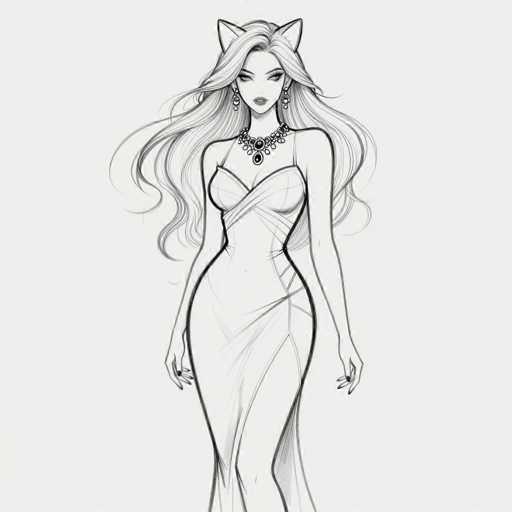 This black and white illustration features a striking female character with long, flowing hair that cascades down to her waist. She is adorned in a sleek, one-shoulder dress that elegantly reveals one shoulder while draping gracefully over the other. Around her neck, she wears a distinctive necklace with a prominent central jewel, flanked by smaller jewels on either side. Her ears are adorned with long, dangling earrings that add to her sophisticated appearance. The character's facial features are accentuated by a bold lipstick, and her eyes are framed by long, expressive eyelashes. Notably, she has cat-like ears, adding a whimsical touch to her otherwise elegant look. Her hands rest by her sides, and her nails are painted a striking black, completing her poised and captivating presence.